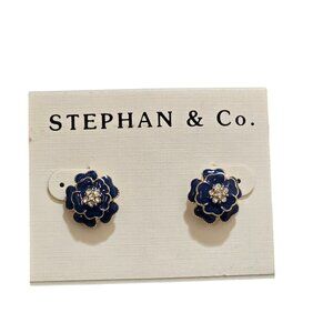 Stephan & Co Women's Gold Plated Blue Enamel Rhinestone Pierced Stud Earrings